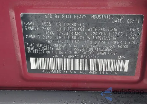 2011 Subaru Outback 2.5I z USA, uszkodzony, nr VIN 4S4BRBAC1B3432242